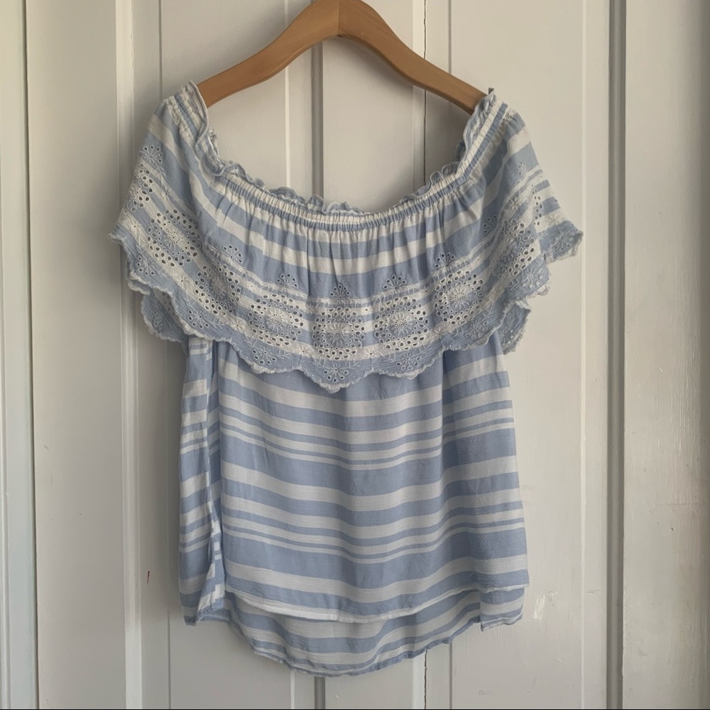 AEO off shoulder eyelet scallop ruffle blue stripe - Picture 9 of 15